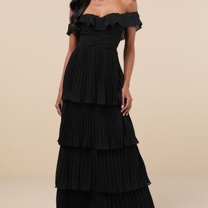 Always Remarkable Black Pleated Off-the-Shoulder Maxi Dress